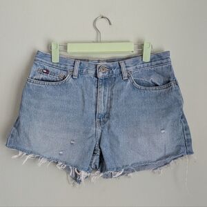 Y2K Tommy Hilfiger Women's 8 Cut Off Shorts Flag Logo Front Back Light Wash